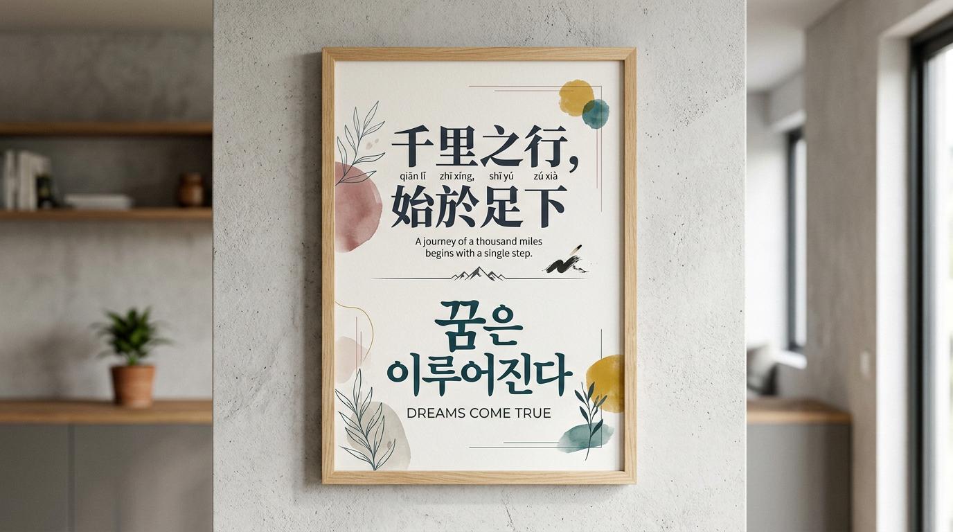 Framed motivational quotes in Chinese and Korean with English translations