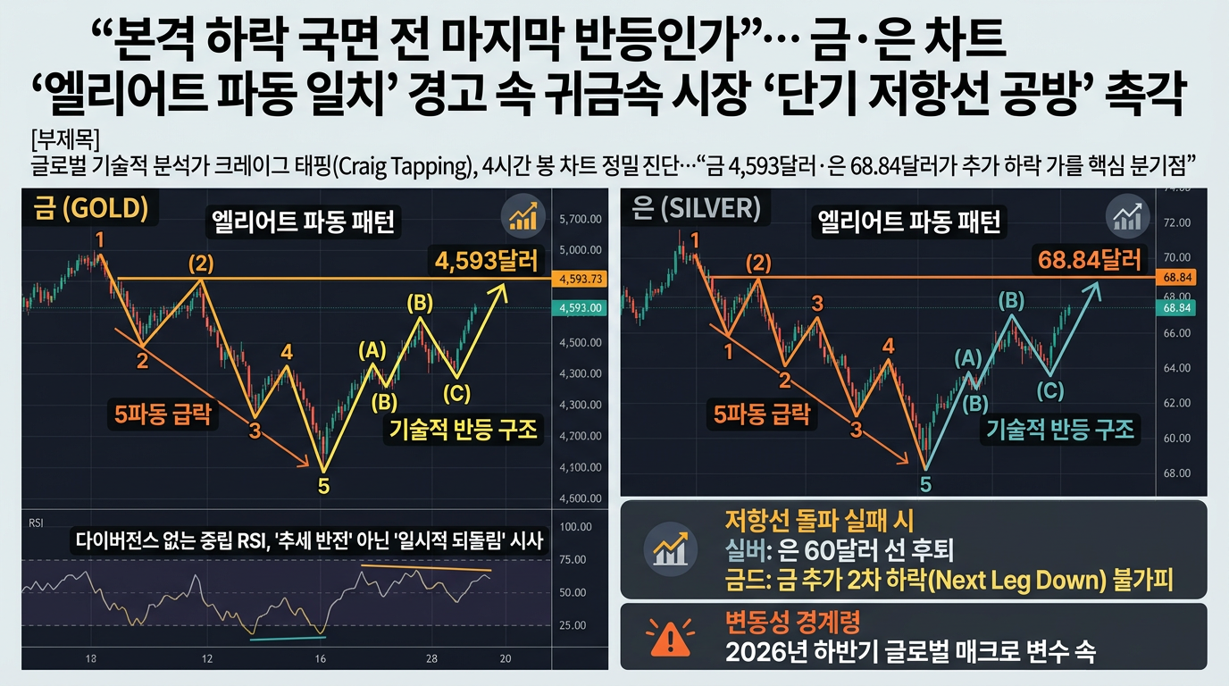 “본격 하락 국면 전 마지막 반등인가”… 금·은 차트 ‘엘리어트 파동 일치’ 경고 속 귀금속 시장 ‘단기 저항선 공방’ 촉각